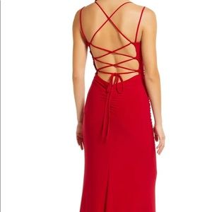 Jump Apparel Ruched Lace-Up Jersey Column Gown.